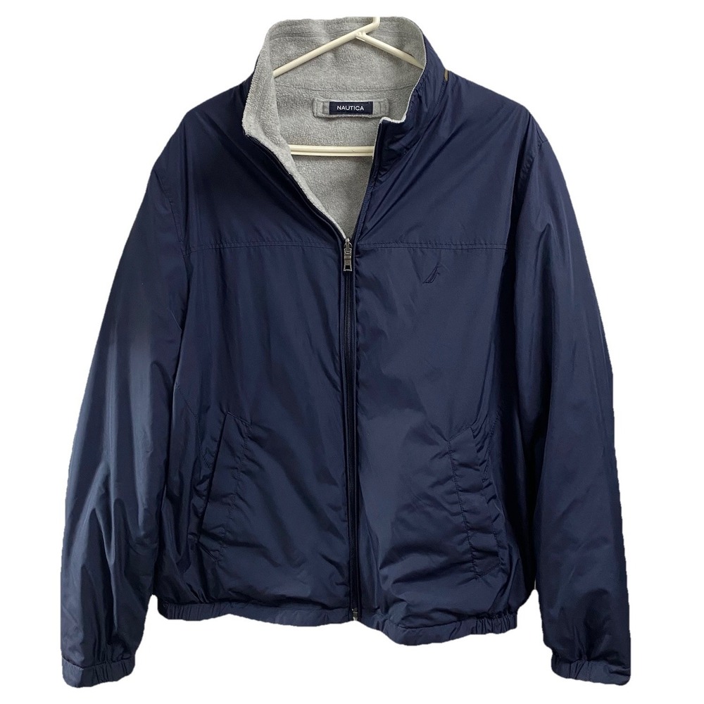 Nautica Men‎ Reversible Gray& Navy Full Zip Windbreaker Coat Fleece Jacket Sz.L